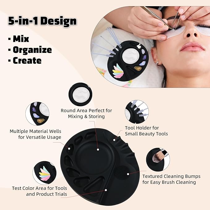 Makeup Mixing Palette, 5-in-1 Multifunction Upgraded Silicone Mixing Tray with Spatula Artist Tool for Nail-Art, Eye Shadow, Lipstick, Eyelash Makeup Foundation Mixing Palette 5.7x4.8 Inches Black