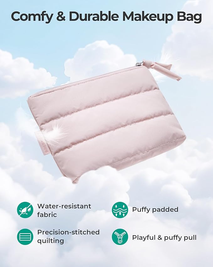 BAGSMART Small Makeup Bag, Puffy Portable Cosmetic Pouch with Charm Zipper, Water-Resistant Travel Organizer for Women (Baby Pink, Small)