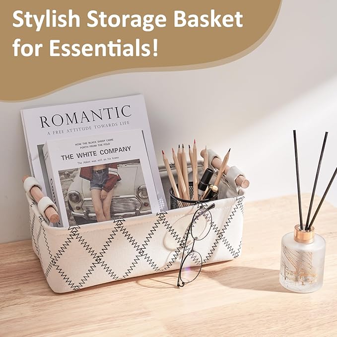 Toilet Tank Basket for Bathroom Storage - Holds 2-4 Toilet Paper Rolls, Small Decorative Basket with Wood Handles, Collapsible Organizer for Countertop, Shelf, Boho Home Décor, 14"x6.3"x3.9", White