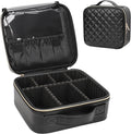 Relavel Makeup Bag, Travel Cosmetic Train Case Organizer Portable Artist Storage Bag with Adjustable Dividers for Cosmetics Makeup Brushes Toiletry Jewelry Digital Accessories Quilted Leather Black