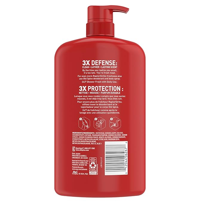 Old Spice Cleansing Body Wash for Men,3X Defense,24/7 Shower Fresh with Lasting Scent,2-in-1 Body & Face Wash,Raptorstrike with Dark Berry Scent,33.4 oz,(Pack of 2)
