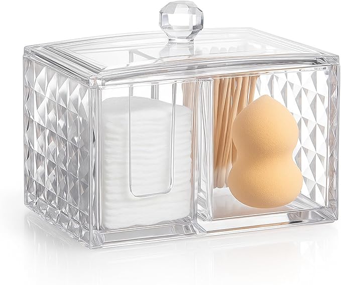 Cotton Swab Holder - Compact Bathroom Canister with Lid and 3 Compartments for Organizing Cotton Ball, Swab, Pad - Acrylic Bathroom Jar Compatible with Q Tips Cotton Swab