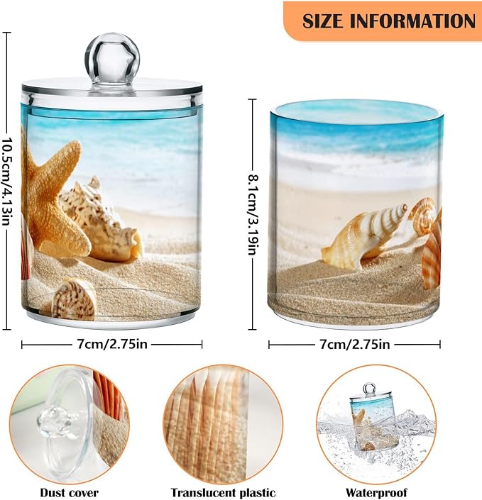 ALAZA 2 Pack Qtip Holder Dispenser for Cotton Ball Beach Starfish Ocean 2 Cotton Swab Round Pads Clear Plastic Acrylic Jar Set Bathroom Canister