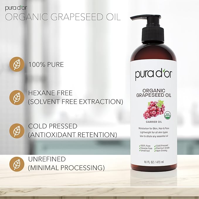 PURA D'OR 16 Oz Organic Grapeseed Oil-100% Pure&Natural USDA Certified Cold Pressed Carrier Oil-Light&Silky,Unscented,Hexane Free Liquid Moisturizer-Face Skin-&Hair-Men-&Women,(Pack of 2)