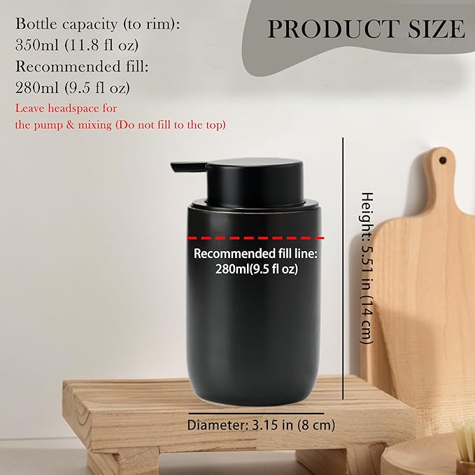 Black Foam Soap Dispenser,Foaming Dispenser for Kitchen & Bathroom,12oz Ceramic Soap Dispenser with Foam Pump for Hand Wash(Matte)