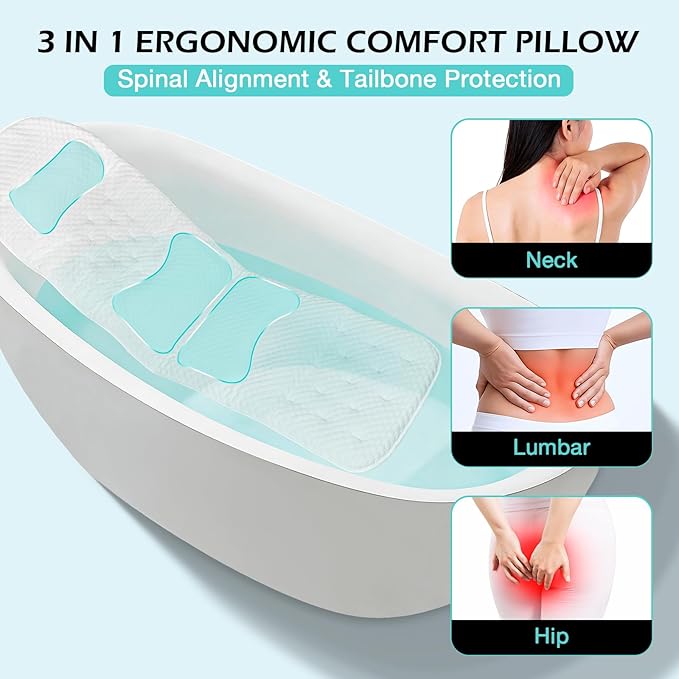 Full Body Bath Pillow for Bathtub, Thick Soft Tub Cushion with Non-Slip Suction Cups Dual Hooks, Luxury Spa Pillow for Neck Back and Hip Support, 55" x 18"
