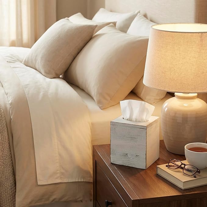 MyGift Vintage White Wood Tissue Box Cover Holder with Easy Refill Slide Out Bottom, Decorative Square Bathroom Facial Tissue Holder