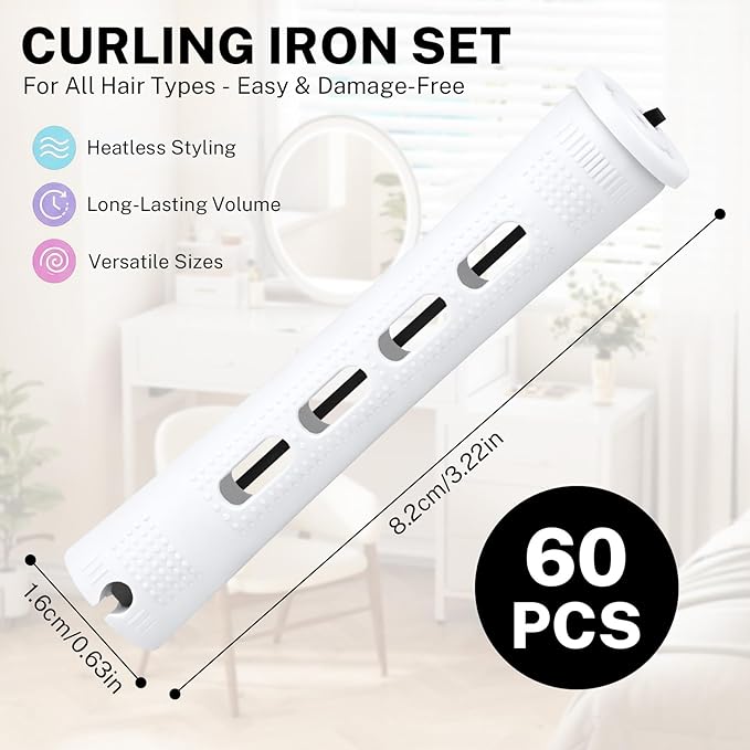 60 Pcs Perm Rods for Long Hair, Cold Wave Perm Rods Set for Women's Long & Short Plastic Curling Rollers for Hair Curling and DIY Hairdressing Styling Tool（0.63 x 3.22 inches）