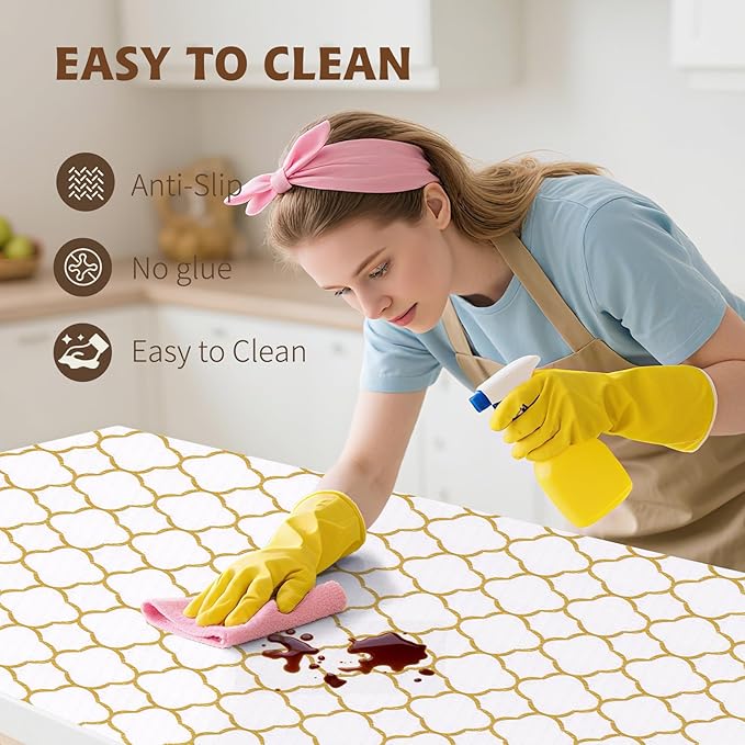 Shelf Liners for Kitchen Cabinets 17in x 30FT Non Adhesive Drawer Liner Gold Quatrefoil Thickened Shelf Liner Paper Strong Non-Slip Easy to Clean for Tool Box Refrigerator with Knife and Tape Measure