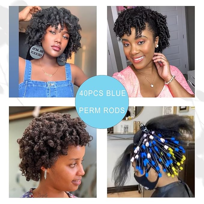 40 Pieces Plastic Perm Rods Set, Cold Wave Rod, Non-Slip Hair Rollers, Perming Curlers with Elastic Rubber Band For Women’s Short Long Natural Hair(Blue,0.35 Inch)