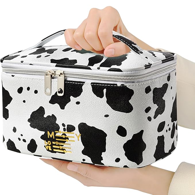 Meiyuuo Makeup Bag Large Cosmetic Bags for Women Girls Cute Travel Zipper Pouch Toiletry Organizer for Beauty Essentials Waterproof (Cow Print)