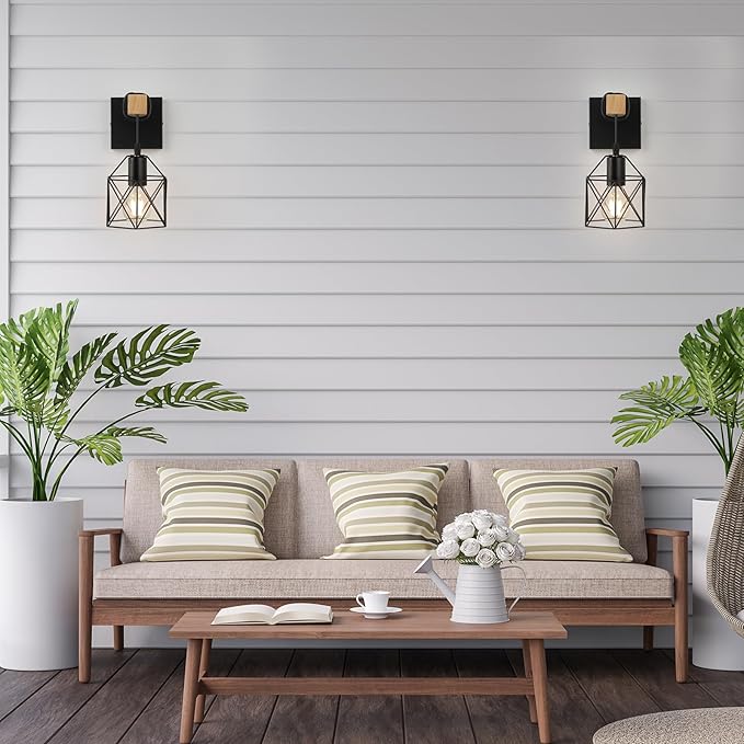 Plug in Wall Sconces Set of Two, Farmhouse Wall Mount Lighting, Black Vanity Lights Fixture for Bathroom with Metal Cage Shade, Wood Rustic Wall Lamp for Hallway, Living Room, Mirror, Bedroom