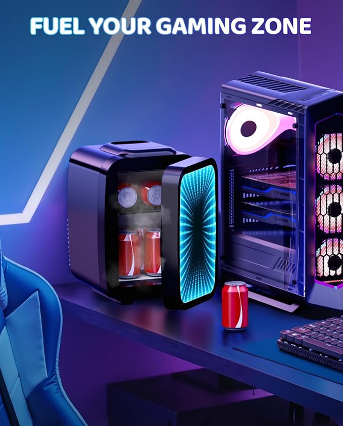 MF01C Mini Fridge, 7 Light Modes With Running Light Mode, 4 Liter/6 Cans, Quiet Cooling & Retention Function, AC/DC Power, Gaming Mini Fridge for Bedrooms, Office and Car