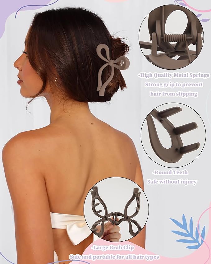4 PCS Bow Hair Clips Bow Claw Clip for Women Nonslip Large Hair Claw Clips for Thin and Thick Hair Strong Hold Hair Bows (Purple+Rose red+Orange+Light brown)