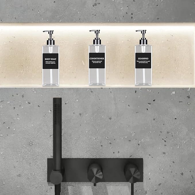 Clear Refillable Plastic Pump Bottle Dispenser Set with Waterproof Labels, Empty Bathroom Soap and Body Wash Dispenser for Shower (Set of 3, 500ML)