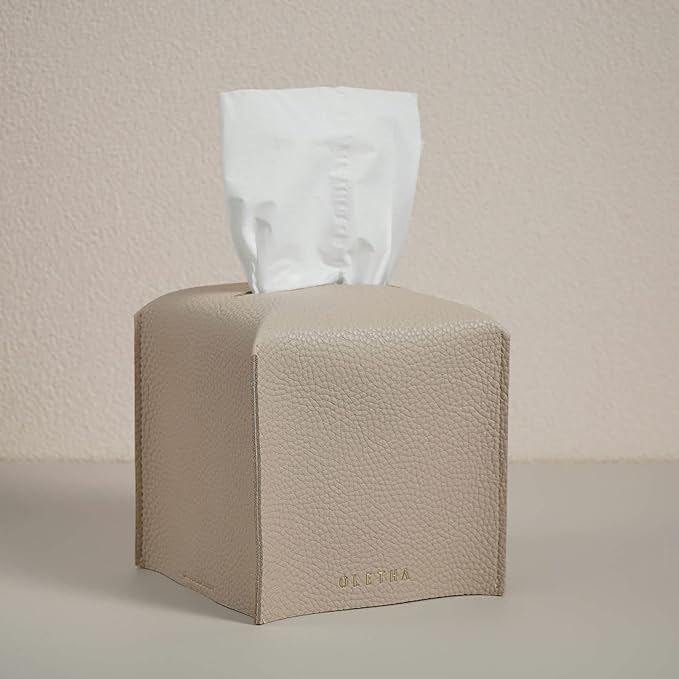OLETHA Square Tissue Box Cover - Aesthetic Desk Decor for Room, Home & Office - Tissues Cube Boxes Holder - Light Taupe