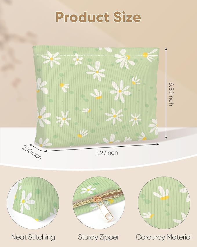 Cute Elegent Floral Flower Makeup Pouch for Women Small Make Up Bag for Purse Zipper Initial Makeup Cosmetic Bags Pouches for Purse Aesthetic Travel Toiletry Bags, Green Daisy