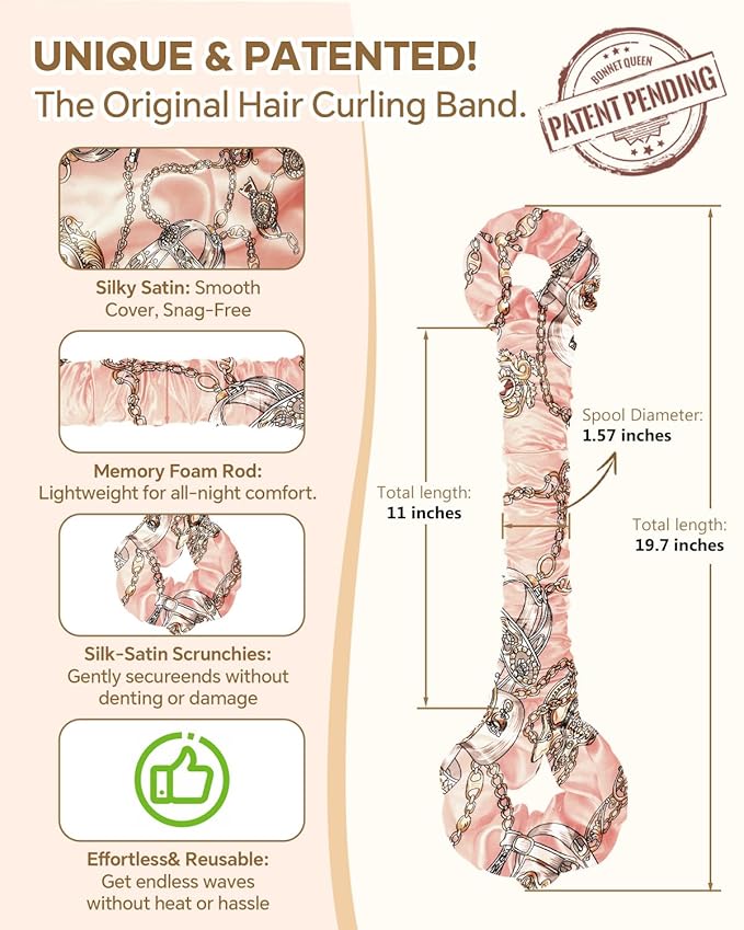 BONNET QUEEN Satin Heatless Hair Curler, Overnight Curls for Long Hair, ultra soft Heatless Curling Rod & 2 Scrunchies,Damage-Free Styling, Soft Hair Curlers for Overnight Use(Pink Print)