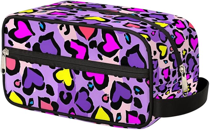Heart Shape Leopard Skin Print Kids Toiletry Bag for Boys Girls, Cosmetic Makeup Bag with Handle, Travel Shaving Kit Organizer, Waterproof Portable Wash Bag for Gym Vacation Camping Sports