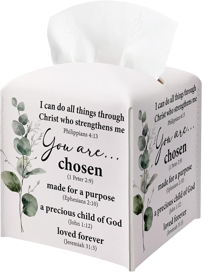 Inspirational Christian Tissue Box Cover Square, You are Chose Leather Tissue Box Holder, Religious Gifts for Women, Eucalyptus Paper Facial Tissue Box Covers Cube for Office Bathroom Home