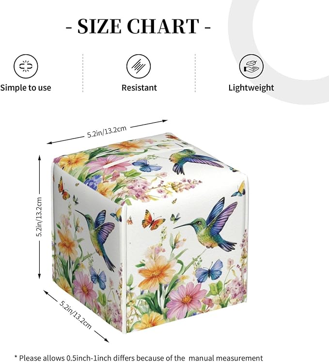 Spring Floral Hummingbird Tissue Box Cover Wild Flowers Florals Butterfly Square Leather Tissue Holder Decorative Facial Tissue Cube Paper Cover Case Organizer for Bathroom Night Stands Desk Home