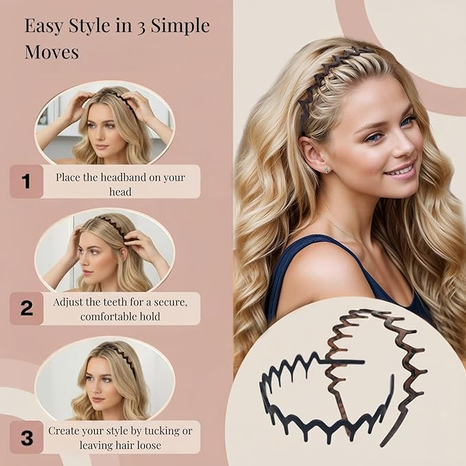 Zig Zag Headbands for Women Men, Non-slip Plastic Wavy Headband with Teeth Comb Hairbands Classic 90s Hair Accessories 2pcs (Matte Black)