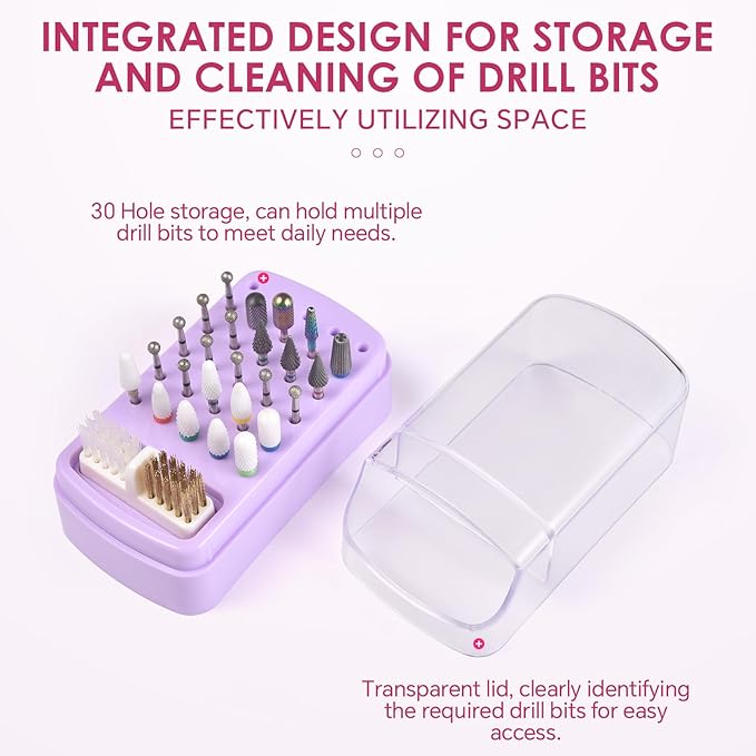 2 in 1 Nail Drill Bit Holder & Nail Drill Bit Cleaner Brush Case 30 Holes Dustproof Nail Drill Bit Display Stand Organizer Box Manicure Drill Bits Cleaning Brush Bits Storage Tool, Pink