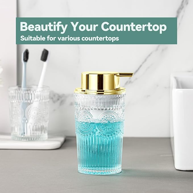 Golden Foaming Soap Dispenser - 7 oz Clear Glass Foam Hand Soap Dispenser for Bathroom & Kitchen, Refillable Dish Dispenser, Foam Hand Wash Dispenser with Foam Pump