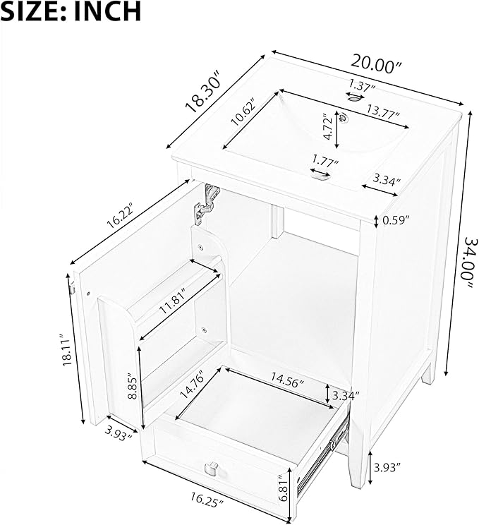 Bellemave 20-inch Solid Wood Bathroom Vanity with Sink, Free Standing Cabinet, Soft Closing Door, Storage Rack, Drawer (White)