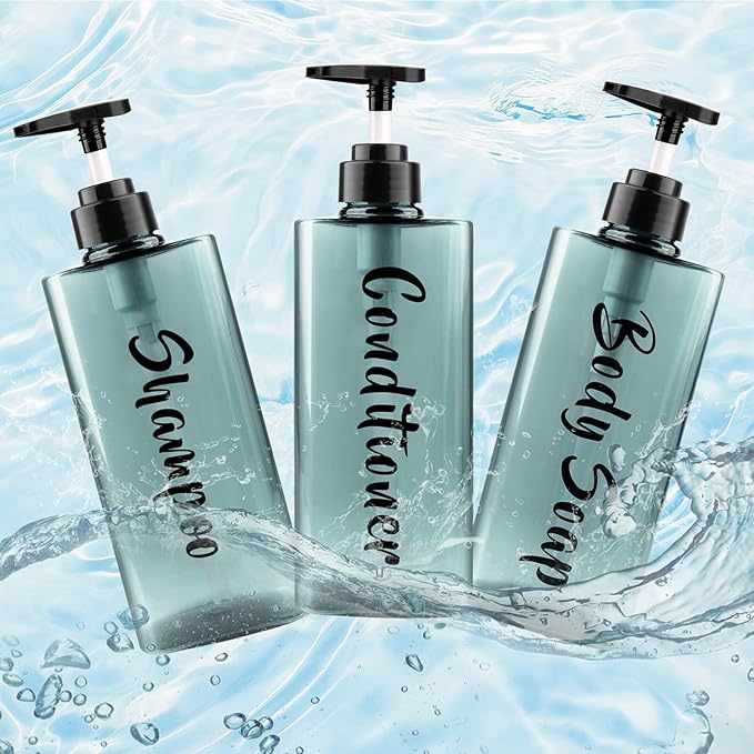 16.9oz Shampoo Dispenser for Shower (3 Pack) - Refillable Shampoo and Conditioner Bottles with Pump, Empty Clear Blue Plastic Body Wash Container Set, Printed Shower Soap Dispensers for Bathroom