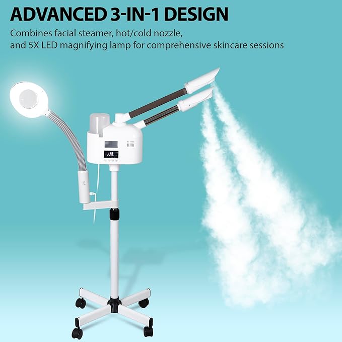 Professional 3 in 1 Facial Steamer, Stand on Wheels with 5X LED Magnifying Lamp, Use at Home or Salon SPA Esthetician with hot and Cold Nozzle for Skin Deep Clean