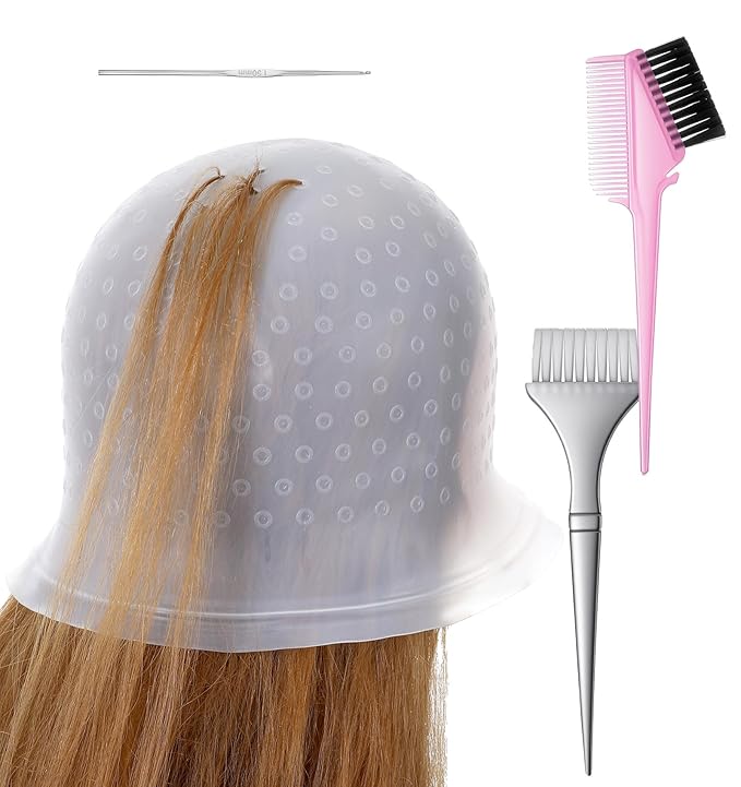 Frosting Caps for Highlighting Hair, Highlight Caps for Hair Pre-Punched with Holes Silicone, Reusable Highlighting Cap with Hook for Salon & Home Hairs Coloring, Women & Men