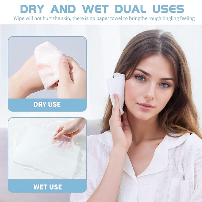 Cotton Facial Dry Wipes 100 Count, Deeply Cleansing Disposable Face Towel Wash Cloth, Multi-Purpose for Skin Care, Make-up Wipes and Facial Cleansing (4 Pack)