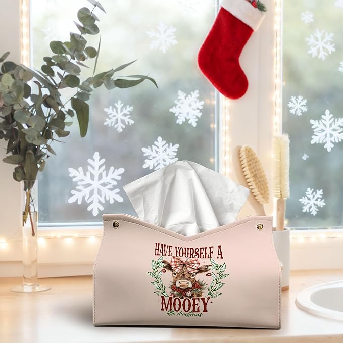 Christmas Highland Cows Tissue Box Cover Rectangle, Winter Bows PU Tissue Holders Decorative for Farmhouse Kitchen, Holiday Lodge Christmas Decor Highland Cow Gifts for Women Girls 9.8x5.9x5.9