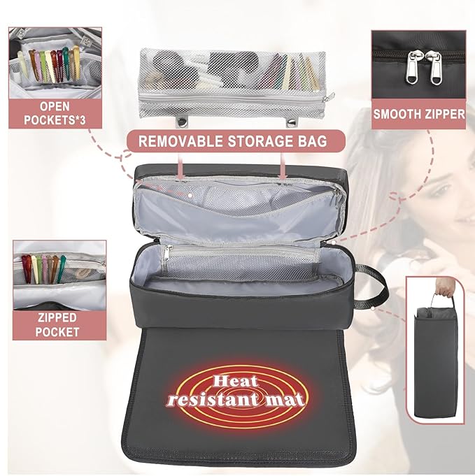 Hair Tools Travel Bag with Heat Resistant Mat Hair Styling Accessories Storage Case for Hair Dryer Flat Iron Straightener Curling Iron Haircare Accessories Travel Essentials for Women