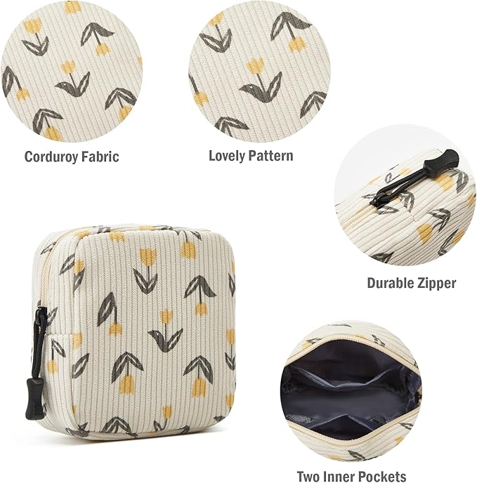Small Makeup Bag for Purse,Mini Cosmetics Bag cute Zipper corduroy Cosmetic Pouch Storage Pouch Travel Toiletry Organizer for Women Girls(Tulip Yellow)