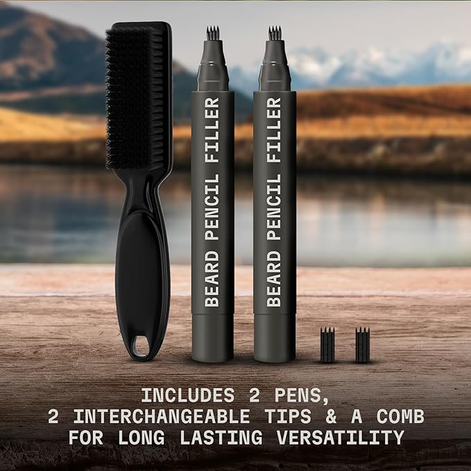Striking Viking Beard Filler Pencil - Pack of 2, Medium Black, 4-Tip - Gap Contouring with Beard Shaper - Sweatproof Waterproof Touch-Ups with Barber Brush - Comb for Men & Mustache Brush Kit