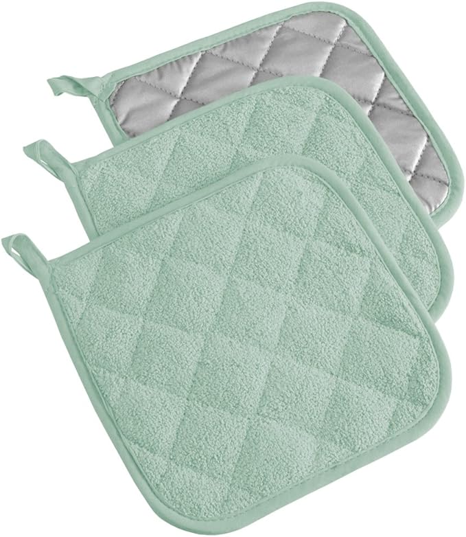 DII Basic Terry Collection Quilted 100% Cotton, Potholder, Mint, 3 Piece