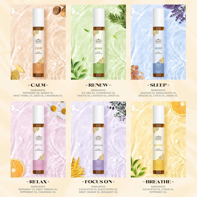 Essential Oils Roll On Set,Valentines Day Gifts for Her(Calm, Relax, Breathe, Focus on, Sleep, Renew), Natural Aromatherapy Oil Blend Kit with Roller Ball for Massage, Body Skin Care, Relaxation Gift