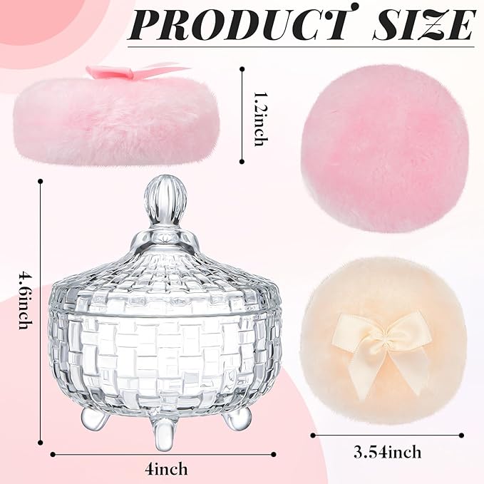 Tioncy 3 Pcs Large Body Powder Puff and Container Valentine's Day gift Powder Container with Puff Crystal Case Soft Washable Reusable Velour Face Body Glitter Wet Dry Makeup(Weave Design,Clear)