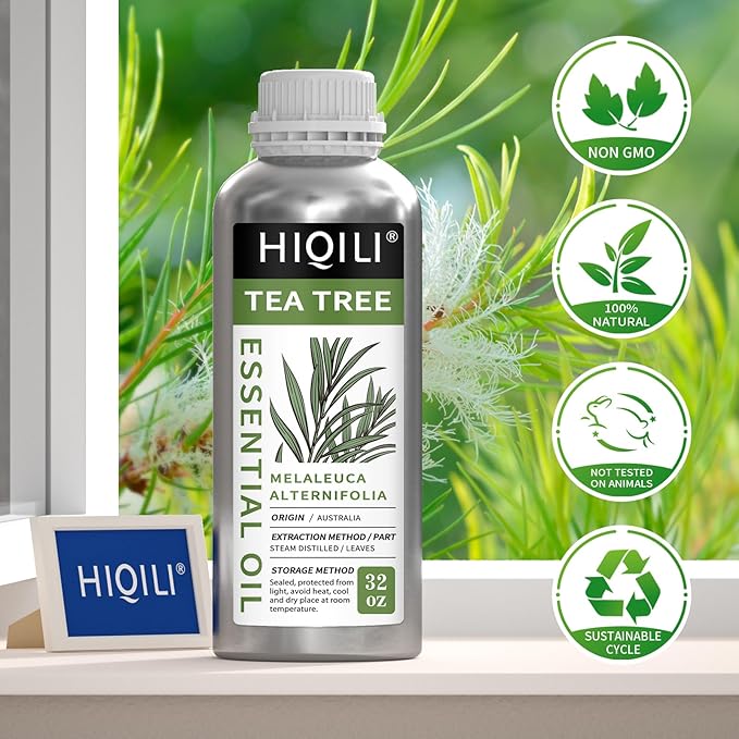 HIQILI Tea Tree Oil 32 Fl Oz, for Skin, Hair, Nail, Diffuser, Soap Making, Includes Four Portable Decanters