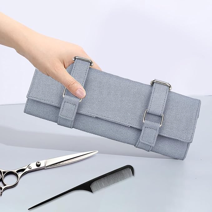 Salon Scissors Bag Roll Up, 14 Pockets PU Stylist Grooming Scissors Holder Barber Hair Scissor Shears Cases for Hairdressers (HJ-ZP012-Blue)