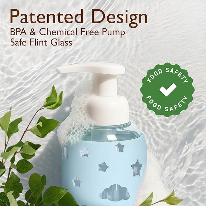 SoCal Suds & Company Foaming Hand Soap Dispenser Glass, Liquid Soap Pump with Cloud & Star Sleeve, Refillable Bottle for Kids, Baby Wash & Shampoo, Ideal for Bathroom & Kitchen Use, Light Blue, 8oz