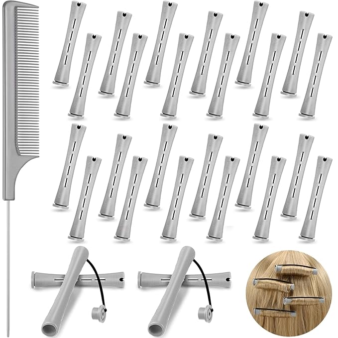 Chuangdi 24 Pcs Hair Perm Rods Plastic Cold Wave Perming Curlers Hair Rollers with Steel Pintail Comb Rat Tail Comb Tools for Hairdressing Styling(Grey,0.59 Inches)