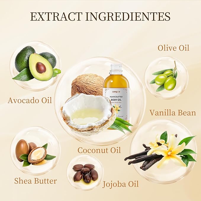 Warm Vanilla Bean Body Oil - Vanilla Body Oil Deep Moisturizing Vanilla Perfume Oil Coconut Cream Pie Body Oils for All Skin Types After Shower