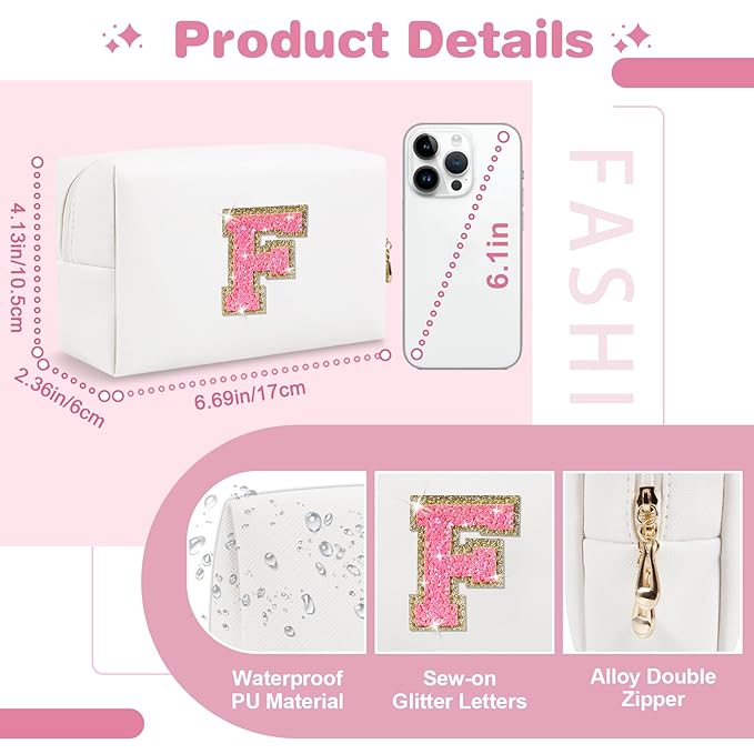 Small Personalized Initial A-Z Patch Makeup Bag,White Cute PU Leather Glitter Letter Cosmetic Bag for Teen Girls,Travel Toiletry Bag with Zipper,Preppy Monogrammed Birthday Gift for Daughter Niece F