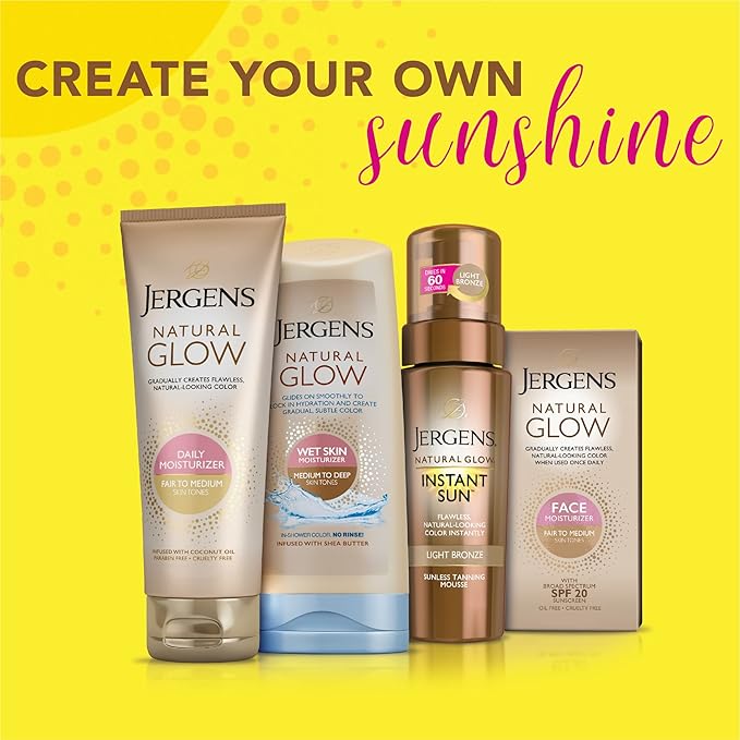 Jergens Natural Glow Self Tanner Face Moisturizer with SPF 20 Facial Sunscreen, Medium to Deep Skin Tone, Sunless Tanning, Oil Free, Broad Spectrum Protection UVA and UVB, 2 oz (Packaging May Vary)