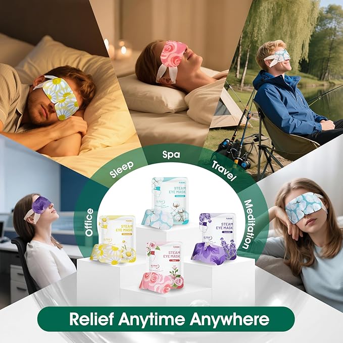 60 Pack Steam Eye Masks Disposable for Dry Eyes, Heated Eye Mask Warm Compress for Eyes, Relaxation Mothers Day Gifts Self Care for Women, Spa Travel Essentials - Lavender, Unscented, Chamomile, Rose