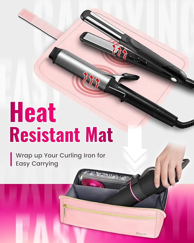Mancro Hot Hair Tools Travel Bag with Separate Heat Resistant Mat, Large Capacity Wide-open Pouch, Hair Accessories Organizer for Flat Irons, Straighteners, Curling Iron,Travel Essentials for Women