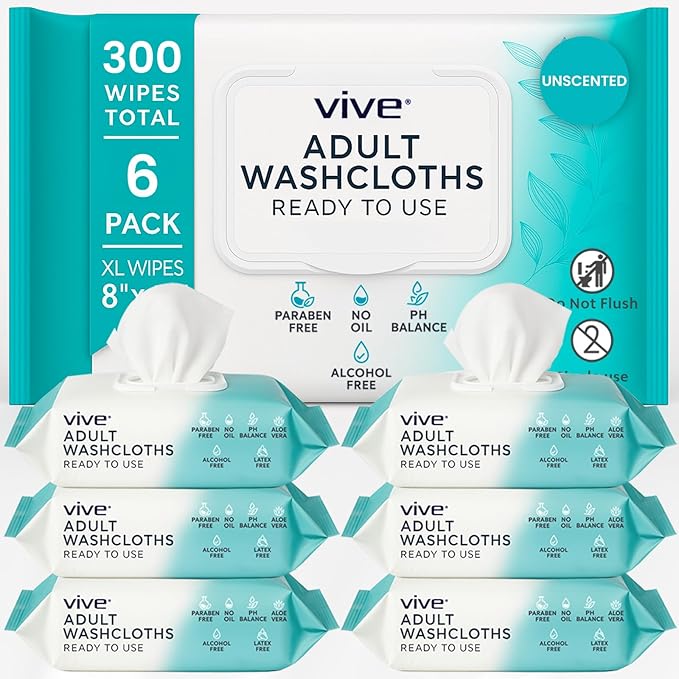 Vive Disposable Washcloths for Adults & Elderly (6 Pack - 300 Count - 8"x12") – Incontinence Wipes for Men & Women – Hypoallergenic No Rinse Adult Body Wipes for Sensitive Skin – Unscented